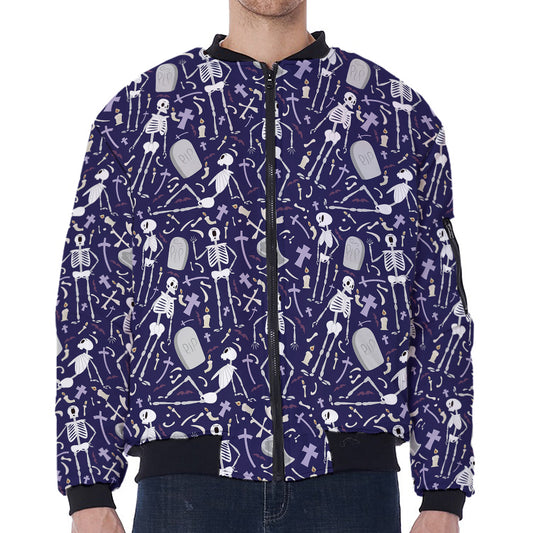 Tomb And Skeleton Pattern Print Zip Sleeve Bomber Jacket