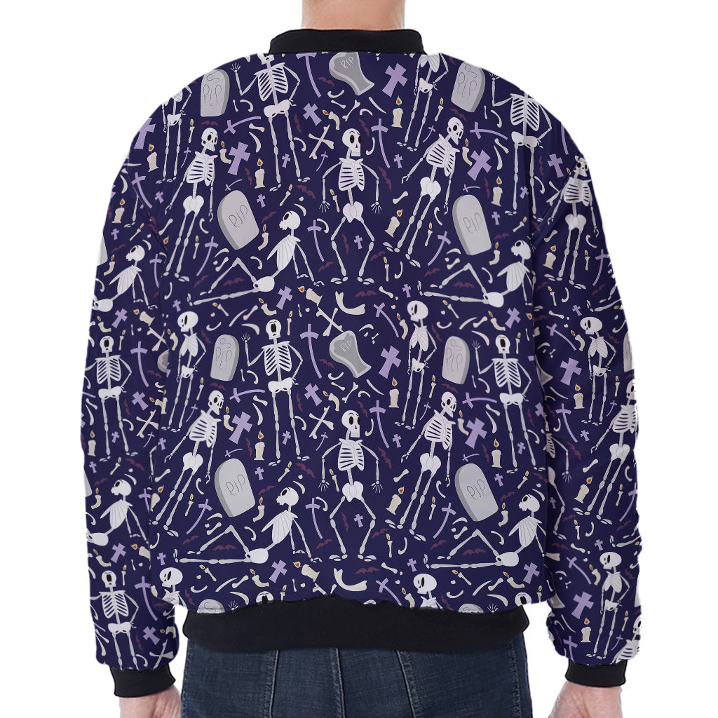 Tomb And Skeleton Pattern Print Zip Sleeve Bomber Jacket