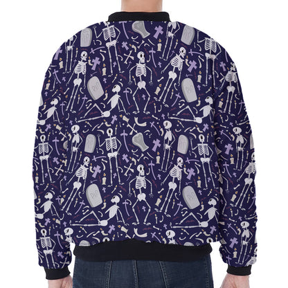 Tomb And Skeleton Pattern Print Zip Sleeve Bomber Jacket