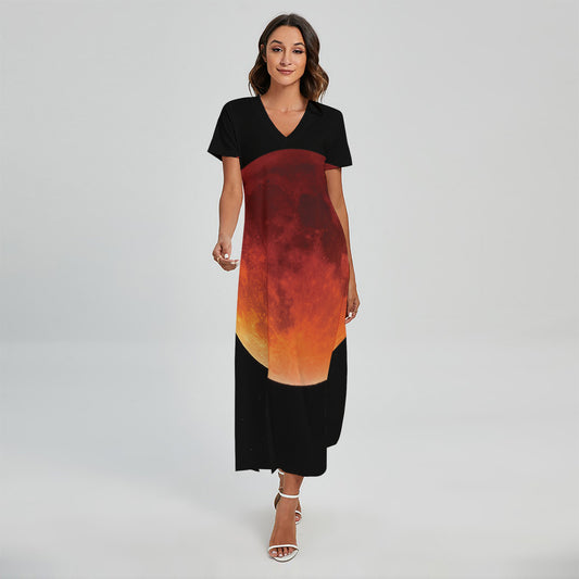 Total Lunar Eclipse Print Short Sleeve Maxi Dress