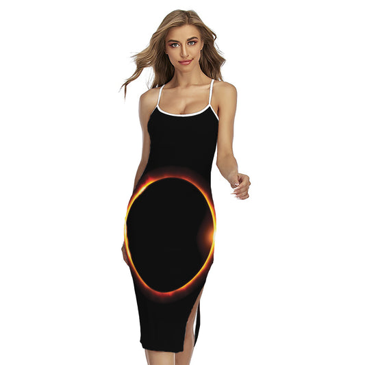 Total Solar Eclipse Print Cross Back Cami Dress