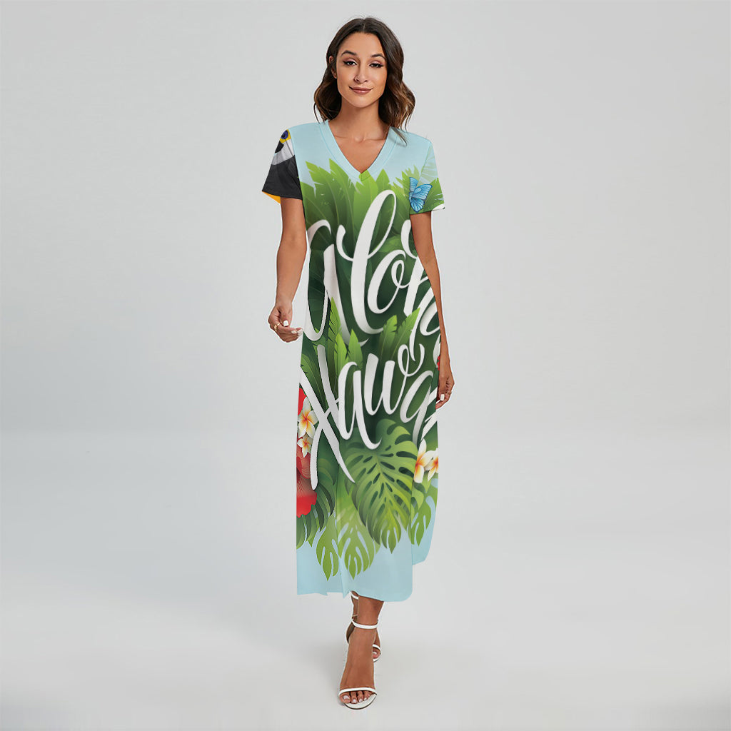 Toucan Aloha Hawaii Print Short Sleeve Maxi Dress