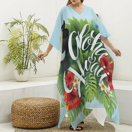 Toucan Aloha Hawaii Print Silk V-Neck Kaftan Dress