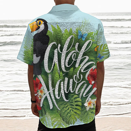 Toucan Aloha Hawaii Print Textured Short Sleeve Shirt