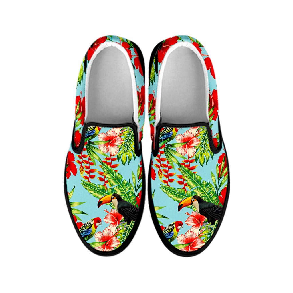 Toucan Parrot Tropical Pattern Print Black Slip On Sneakers