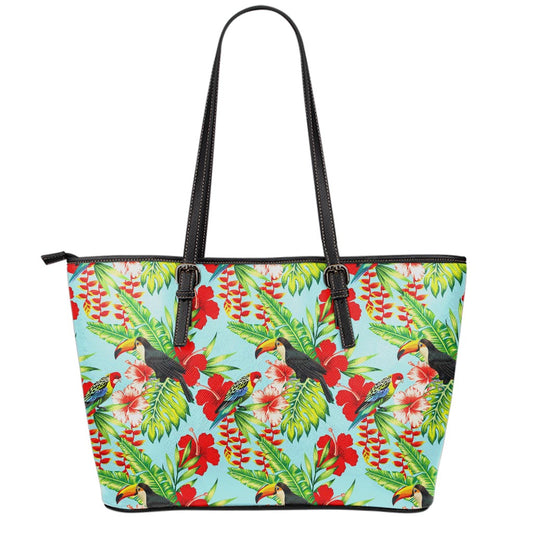 Toucan Parrot Tropical Pattern Print Leather Tote Bag