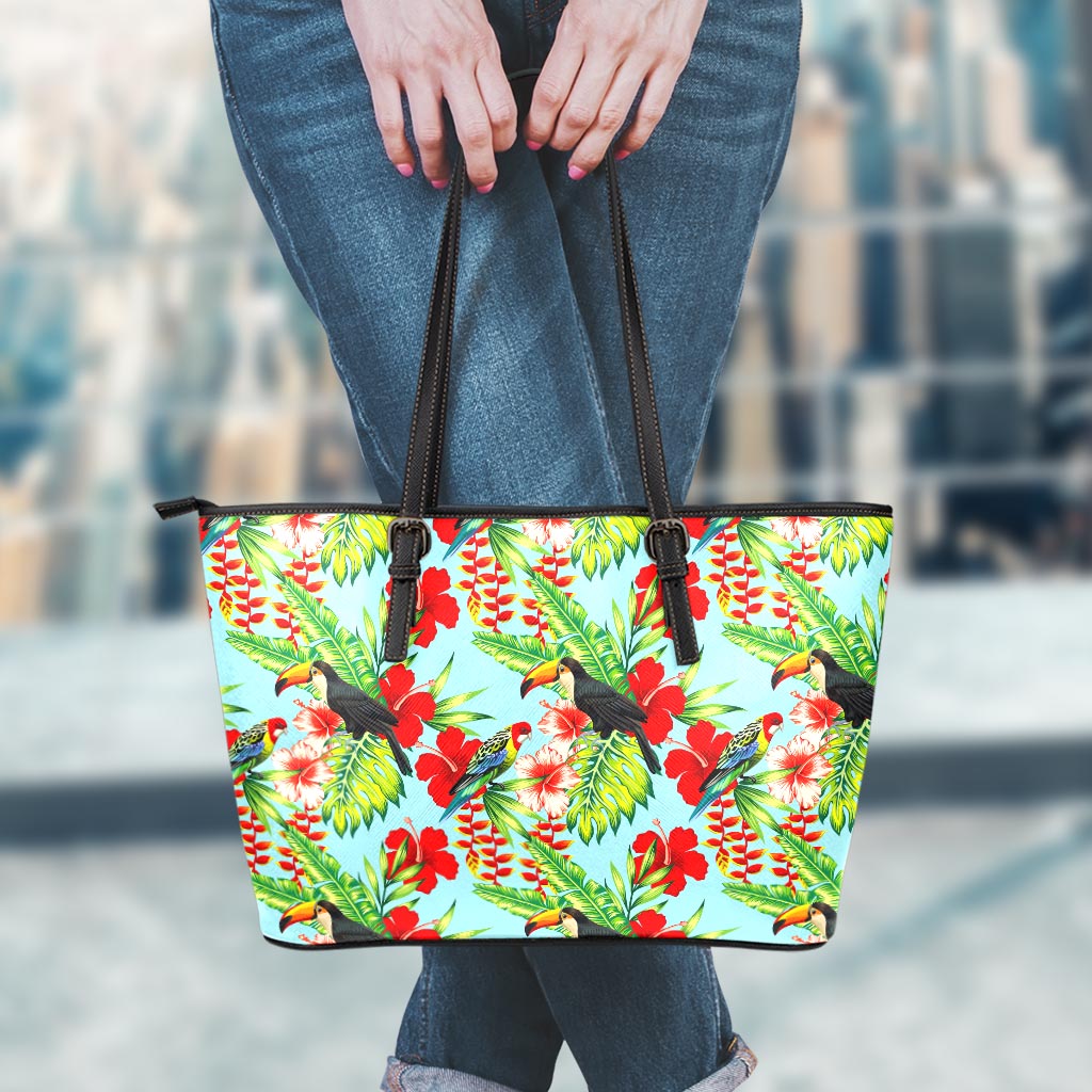 Toucan Parrot Tropical Pattern Print Leather Tote Bag
