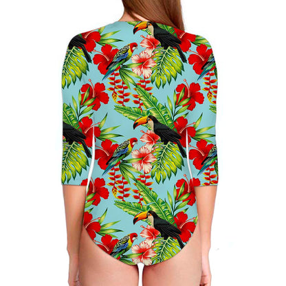 Toucan Parrot Tropical Pattern Print Long Sleeve Swimsuit