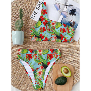 Toucan Parrot Tropical Pattern Print One Shoulder Bikini Top