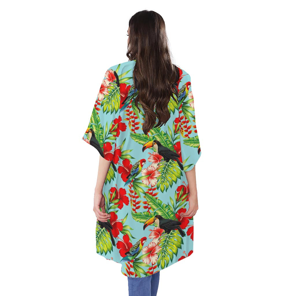 Toucan Parrot Tropical Pattern Print Open Front Beach Cover Up