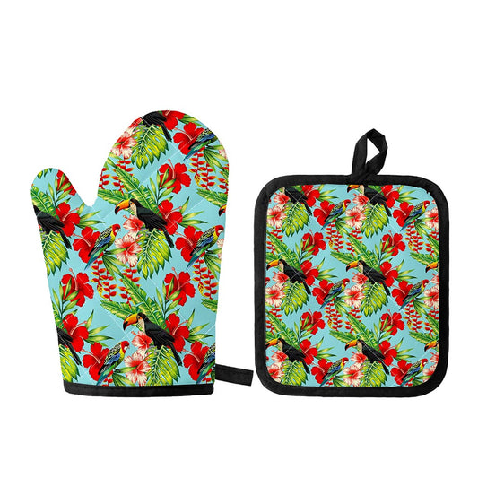 Toucan Parrot Tropical Pattern Print Oven Mitt And Pot Holder Set
