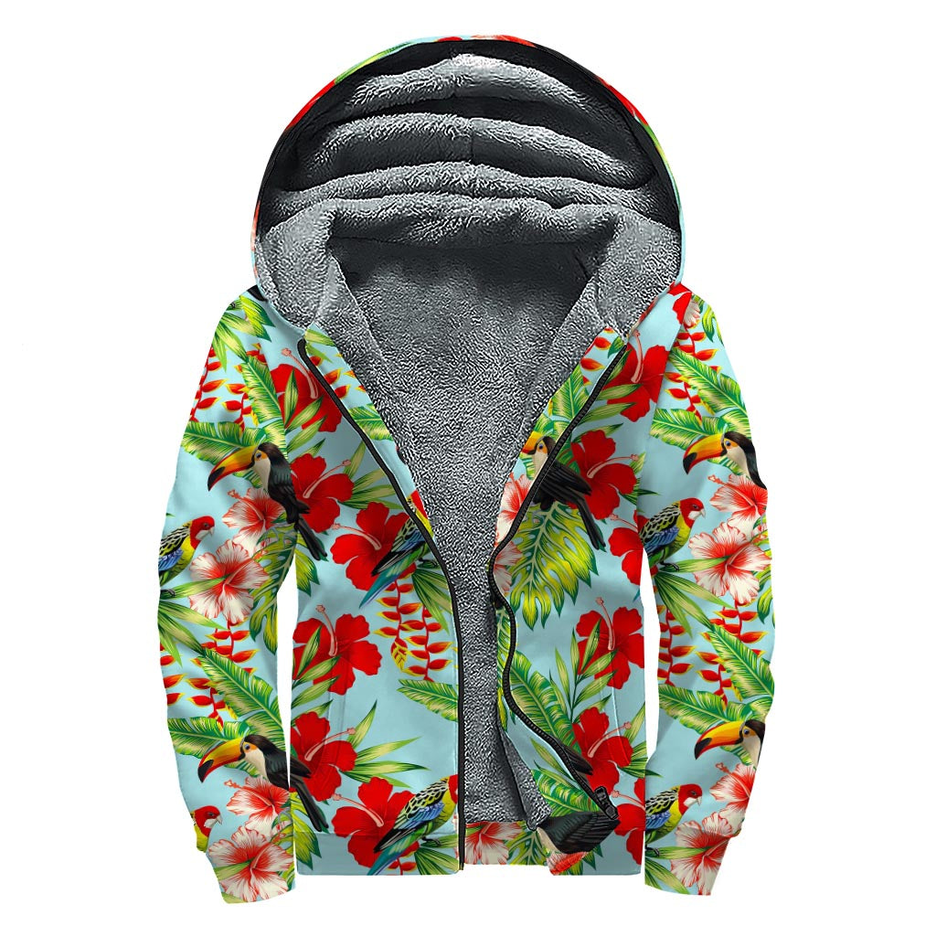 Toucan Parrot Tropical Pattern Print Sherpa Lined Zip Up Hoodie