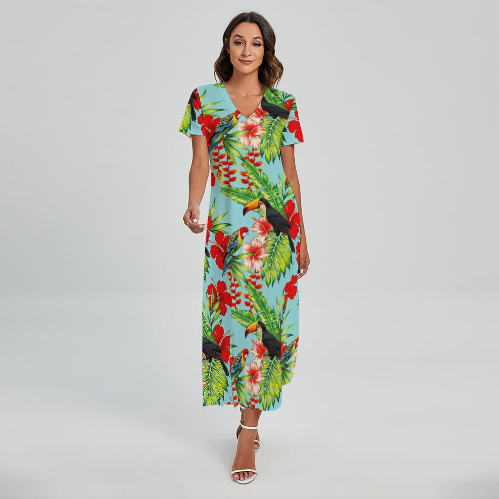 Toucan Parrot Tropical Pattern Print Short Sleeve Maxi Dress