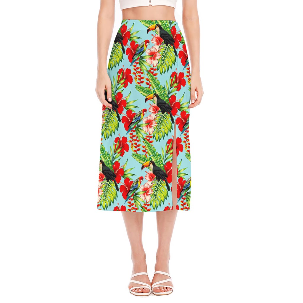 Toucan Parrot Tropical Pattern Print Side Slit Midi Skirt