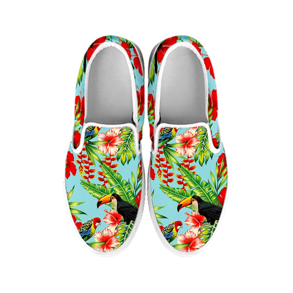 Toucan Parrot Tropical Pattern Print White Slip On Sneakers