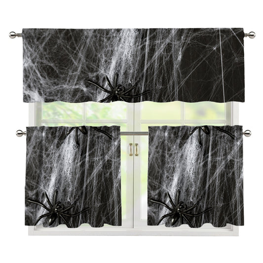 Toy Spiders And Cobweb Print 3 Piece Kitchen Curtains