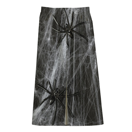 Toy Spiders And Cobweb Print Cotton Front Slit Maxi Skirt