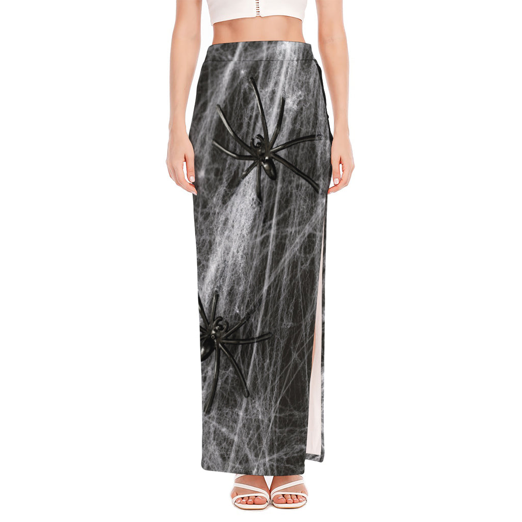 Toy Spiders And Cobweb Print High Slit Maxi Skirt