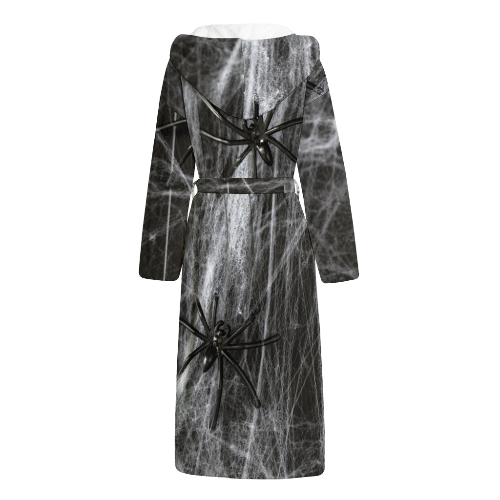 Toy Spiders And Cobweb Print Hooded Bathrobe