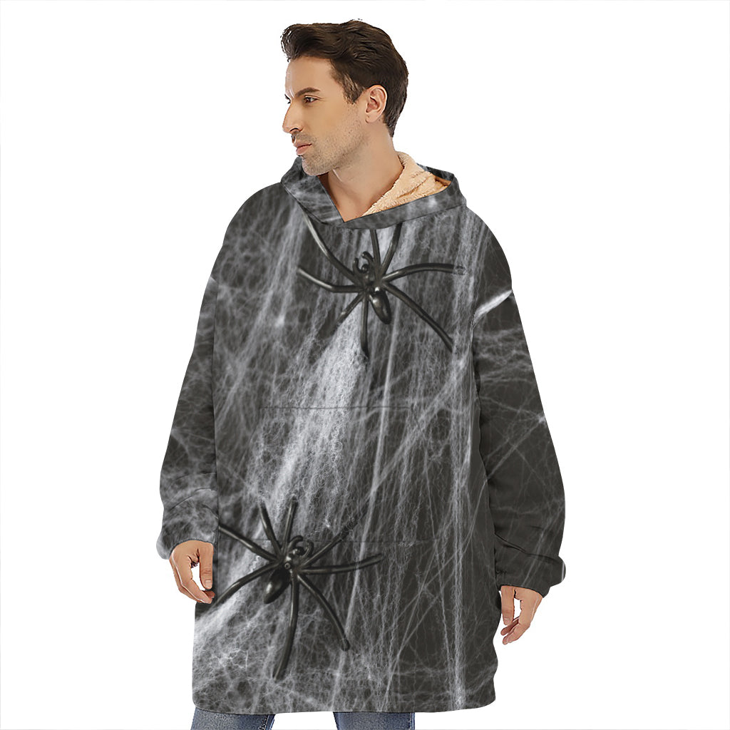 Toy Spiders And Cobweb Print Hoodie Blanket