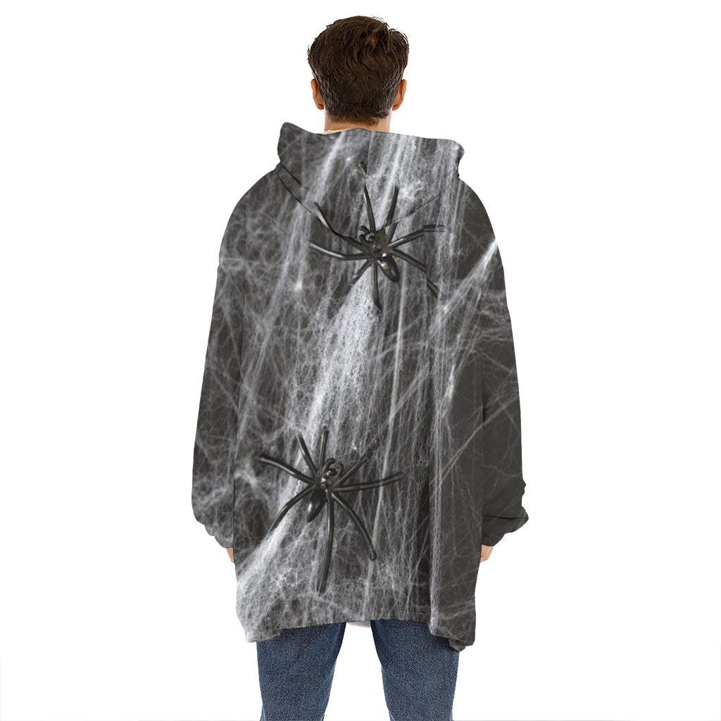 Toy Spiders And Cobweb Print Hoodie Blanket