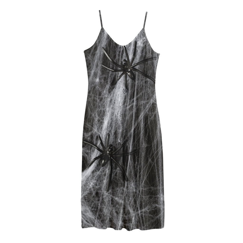 Toy Spiders And Cobweb Print Jersey Midi Cami Dress