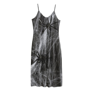 Toy Spiders And Cobweb Print Jersey Midi Cami Dress