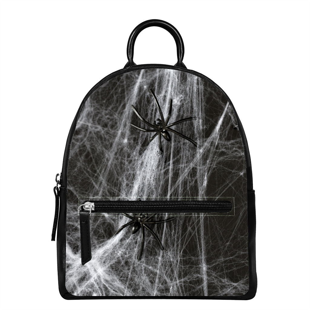 Toy Spiders And Cobweb Print Leather Backpack