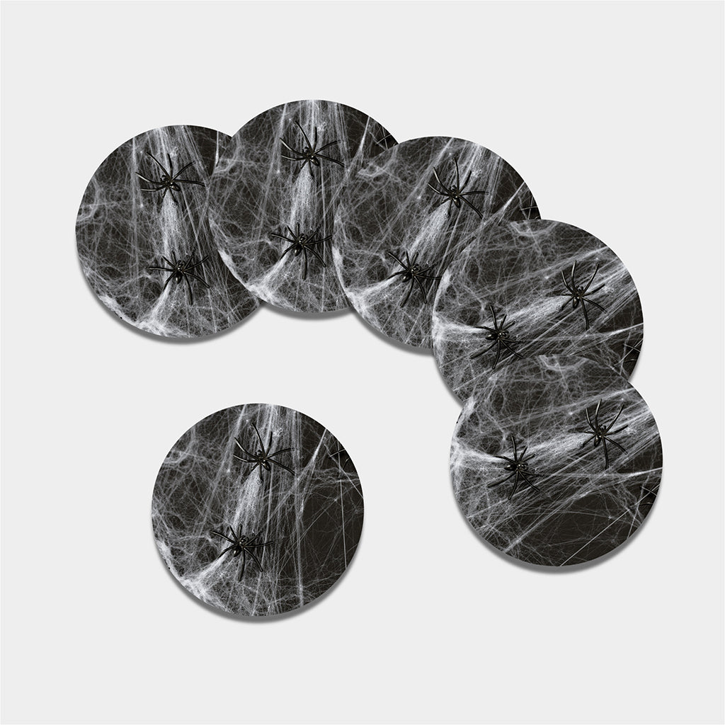 Toy Spiders And Cobweb Print Leather Coaster Set