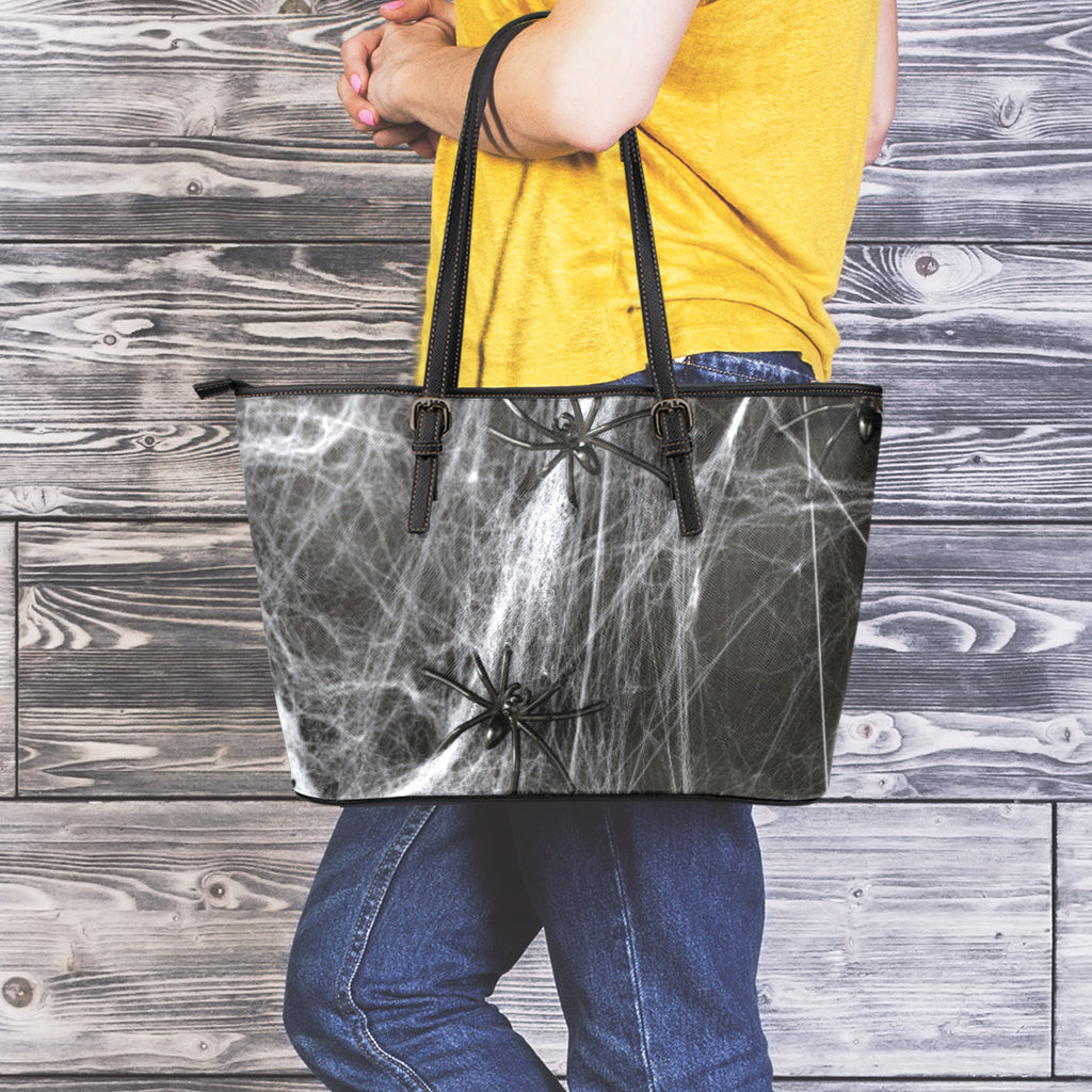 Toy Spiders And Cobweb Print Leather Tote Bag