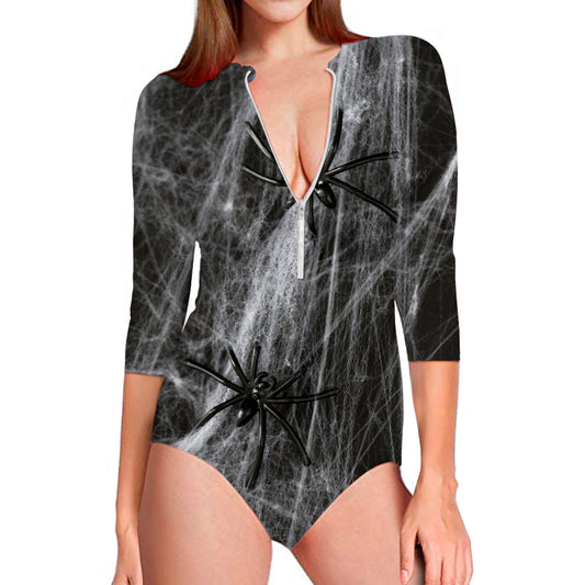 Toy Spiders And Cobweb Print Long Sleeve Swimsuit