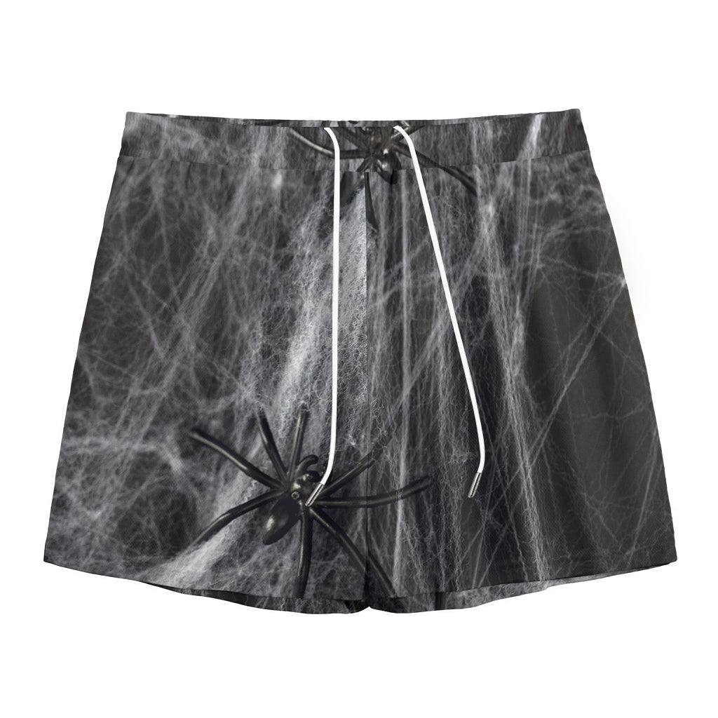 Toy Spiders And Cobweb Print Mesh Shorts