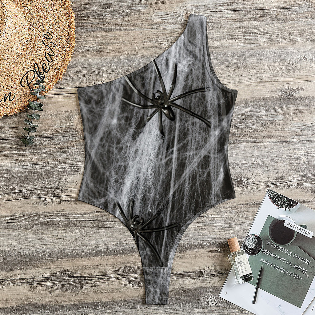 Toy Spiders And Cobweb Print One Shoulder Bodysuit