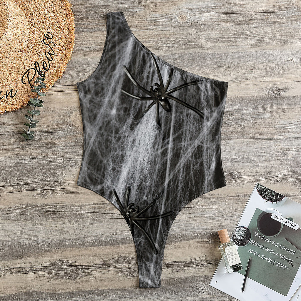 Toy Spiders And Cobweb Print One Shoulder Bodysuit