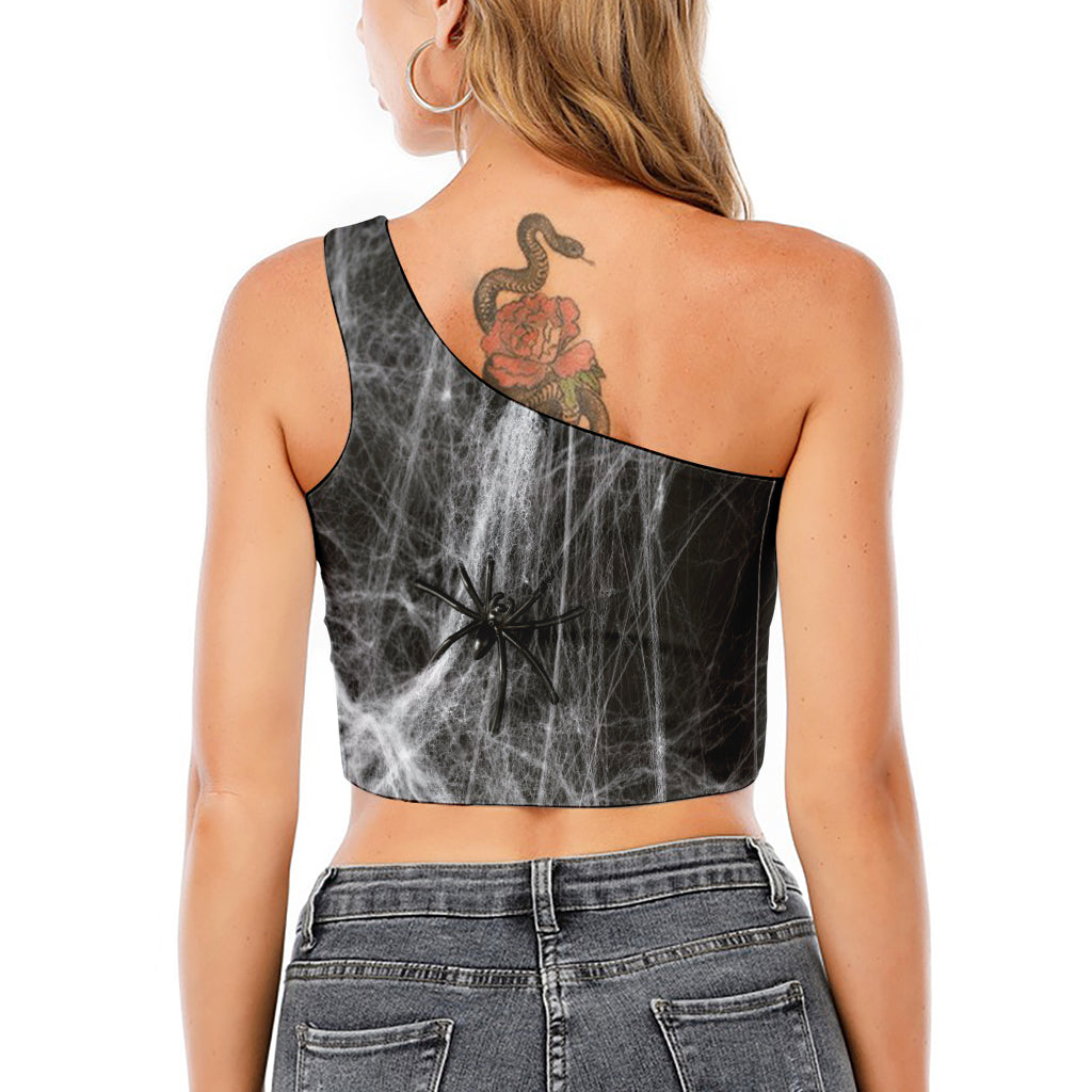 Toy Spiders And Cobweb Print One Shoulder Crop Top