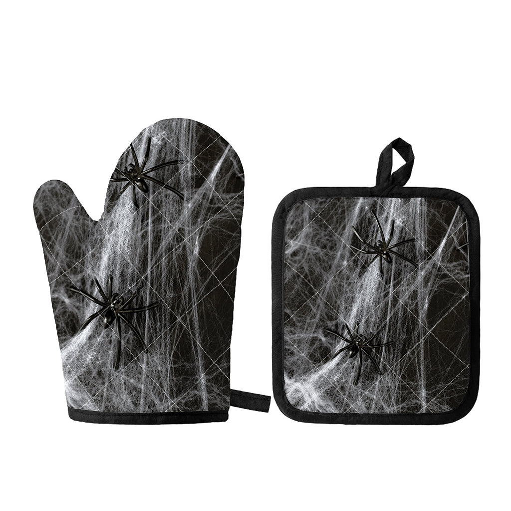 Toy Spiders And Cobweb Print Oven Mitt And Pot Holder Set