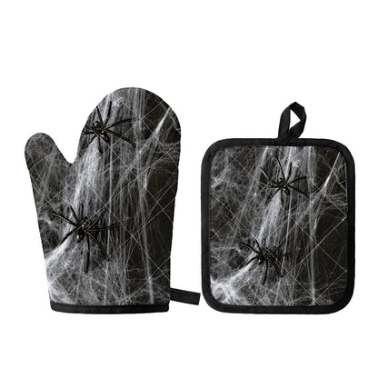 Toy Spiders And Cobweb Print Oven Mitt And Pot Holder Set