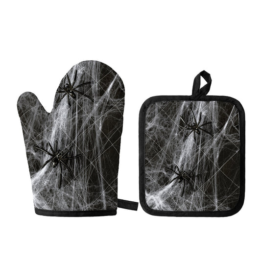 Toy Spiders And Cobweb Print Oven Mitt And Pot Holder Set