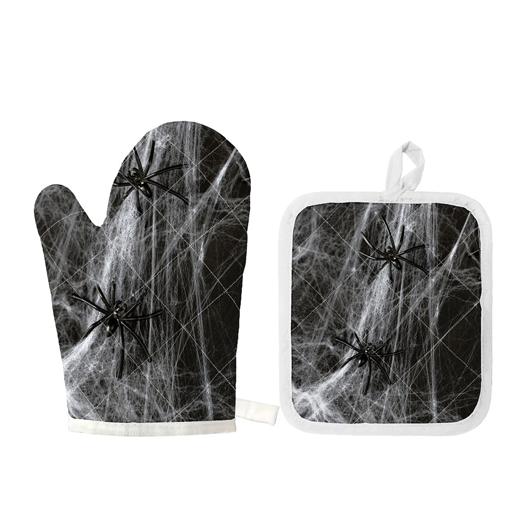Toy Spiders And Cobweb Print Oven Mitt And Pot Holder Set