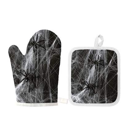 Toy Spiders And Cobweb Print Oven Mitt And Pot Holder Set