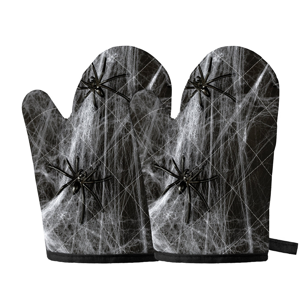 Toy Spiders And Cobweb Print Oven Mitts