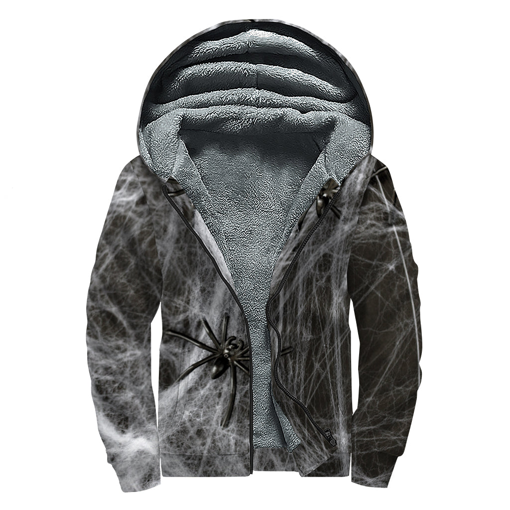 Toy Spiders And Cobweb Print Sherpa Lined Zip Up Hoodie