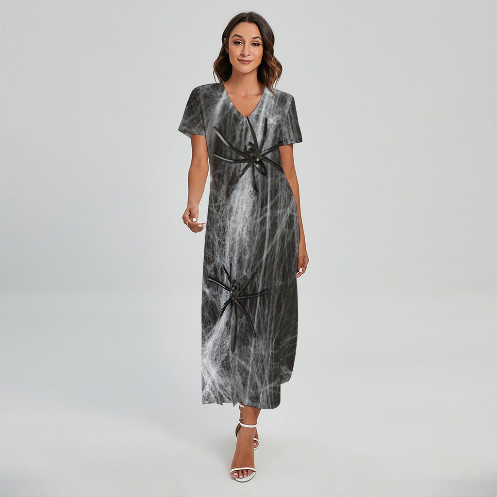Toy Spiders And Cobweb Print Short Sleeve Maxi Dress