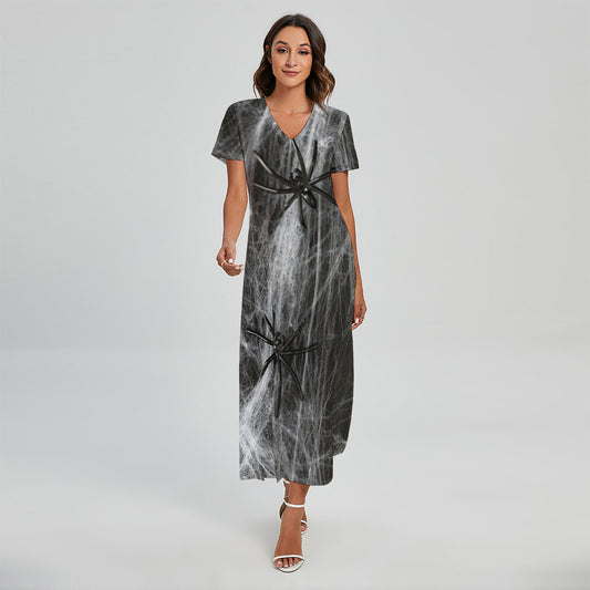 Toy Spiders And Cobweb Print Short Sleeve Maxi Dress