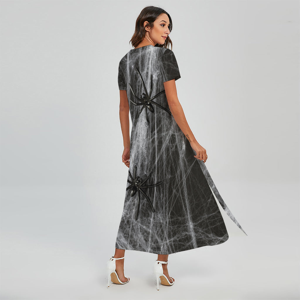 Toy Spiders And Cobweb Print Short Sleeve Maxi Dress