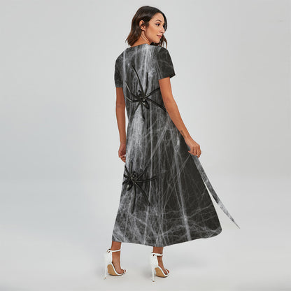 Toy Spiders And Cobweb Print Short Sleeve Maxi Dress