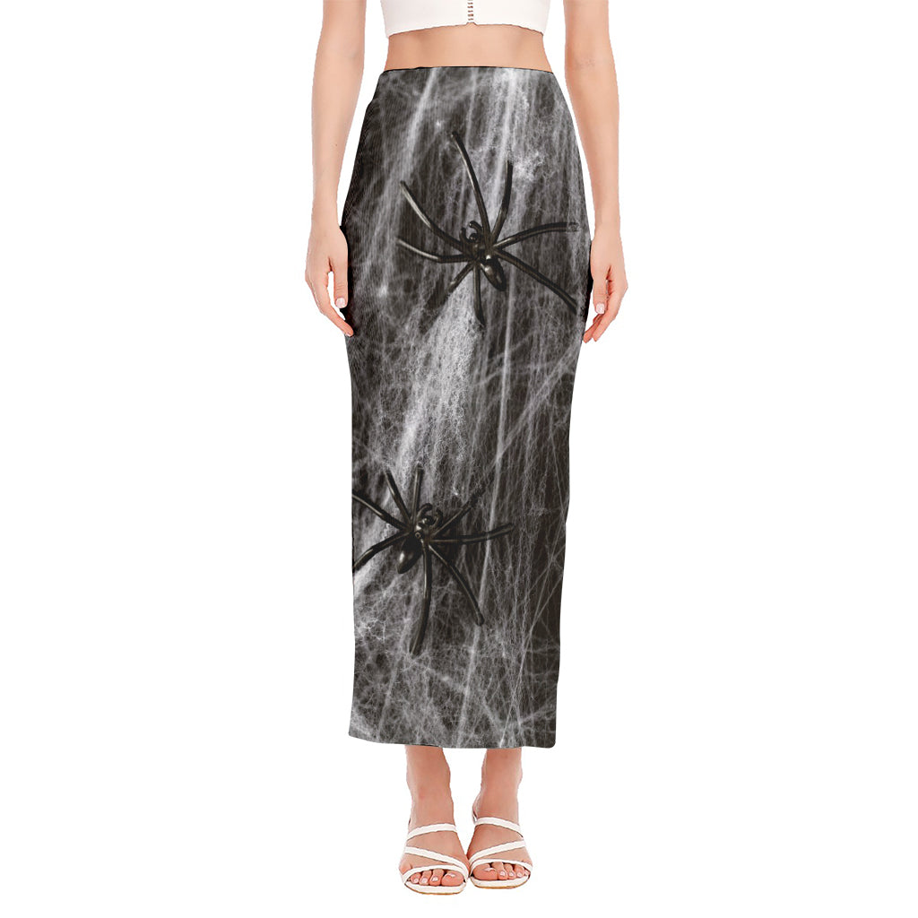 Toy Spiders And Cobweb Print Side Slit Maxi Skirt