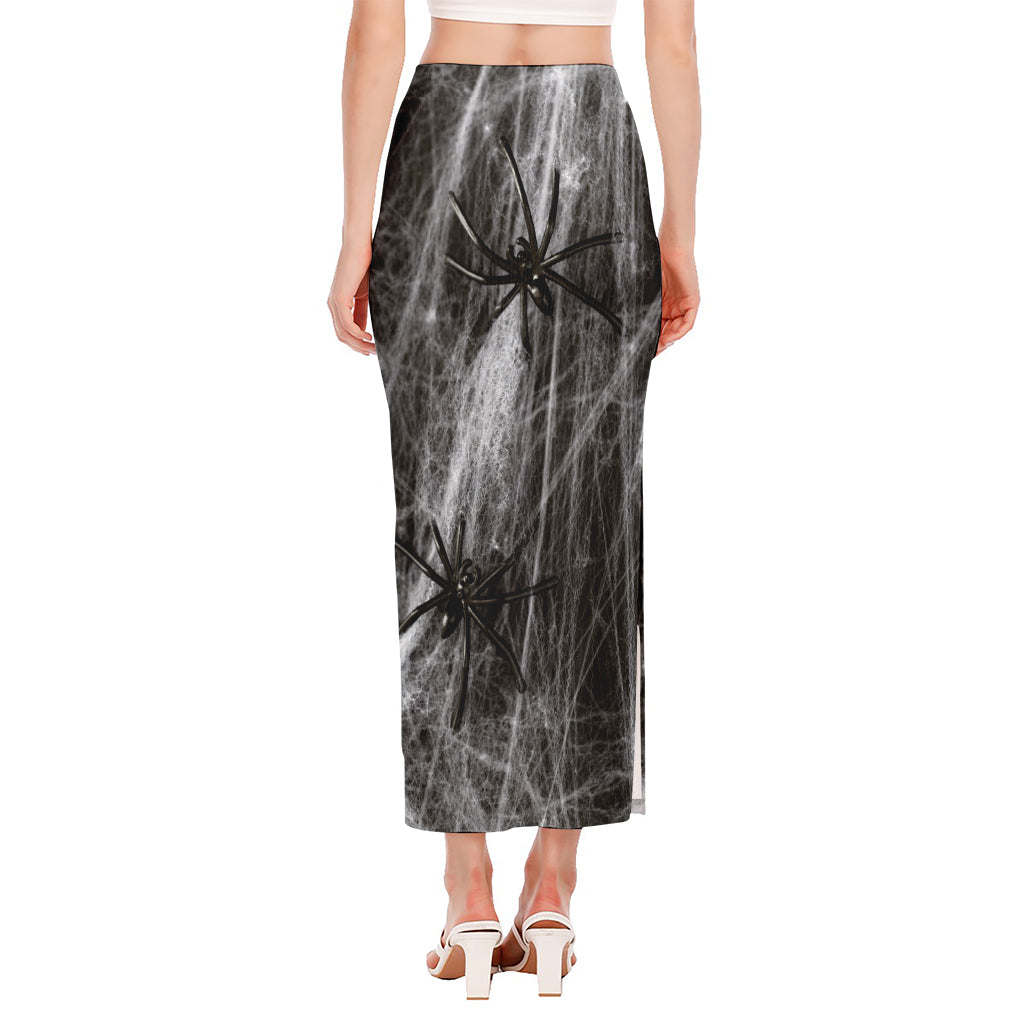 Toy Spiders And Cobweb Print Side Slit Maxi Skirt