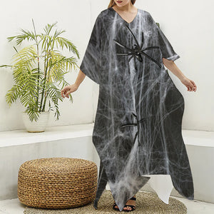 Toy Spiders And Cobweb Print Silk V-Neck Kaftan Dress