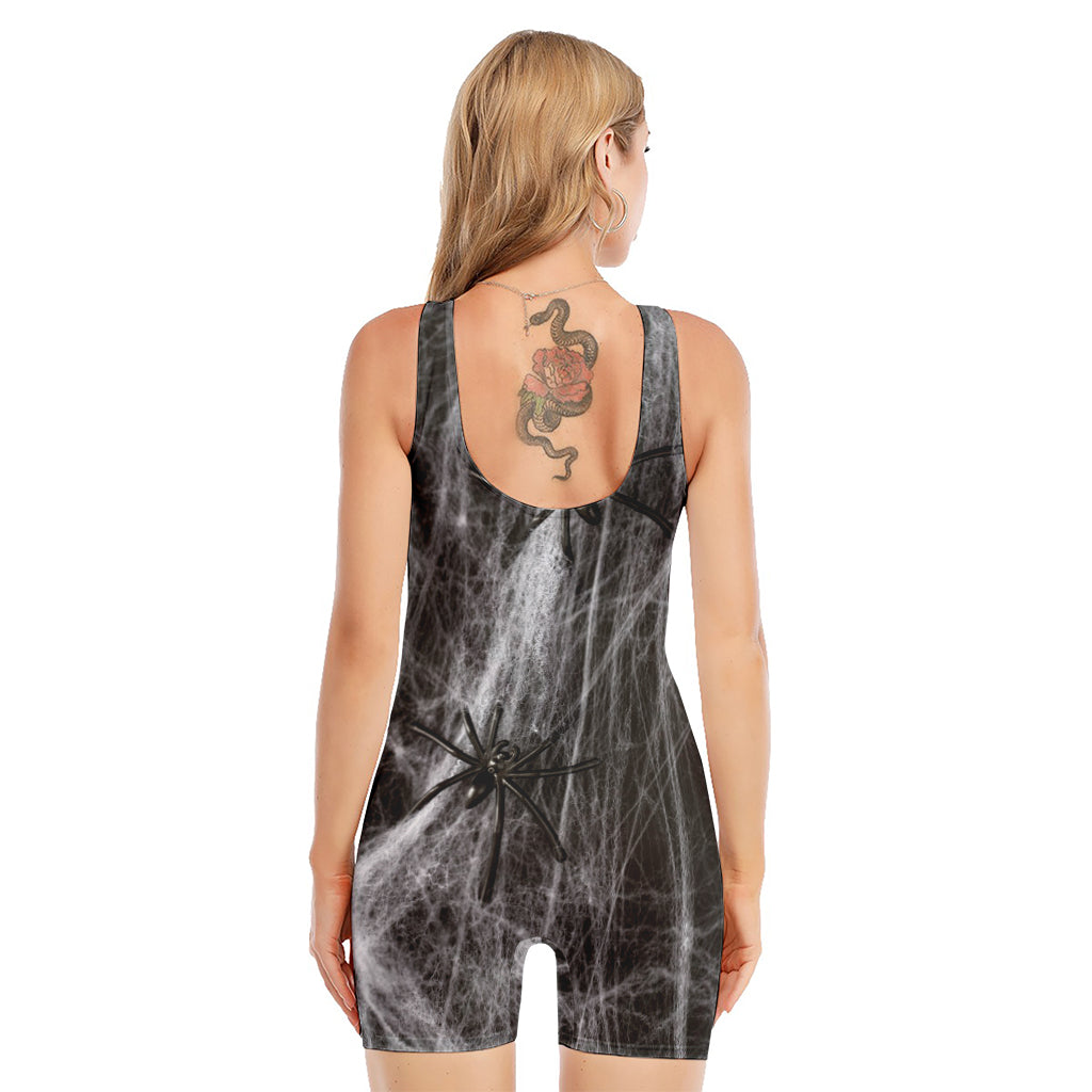 Toy Spiders And Cobweb Print Sleeveless One Piece Swimsuit